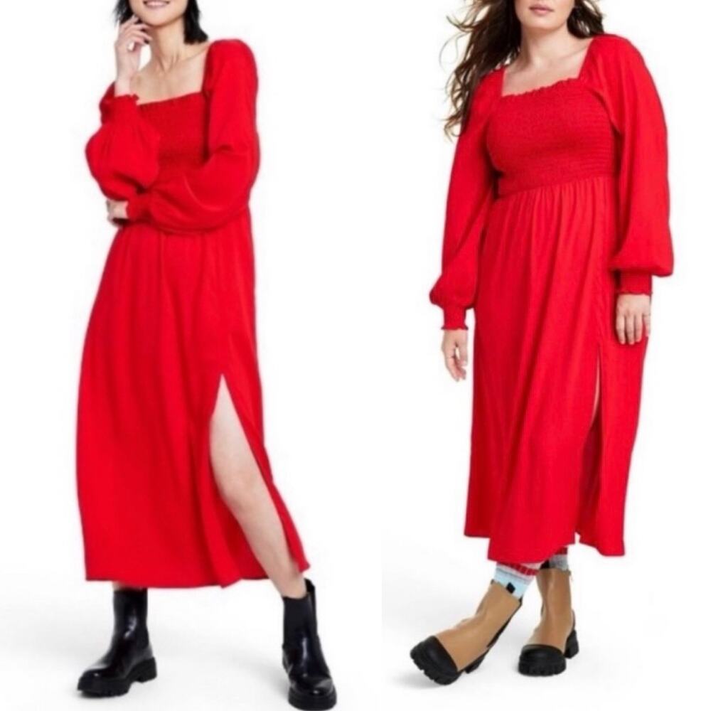 1X 🔖 LA LIGNE x Target Long Sleeve Smocked Bodice Midi Dress Red